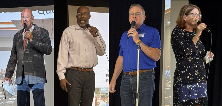 Manatee County candidates for districts 4 and 6 speak to residents of Trailer Estates at the CERT breakfast on April 13, 2026.